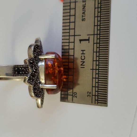 Sterling Silver 925 Amber and Marcasite Nugget Ring - Picture 6 of 10